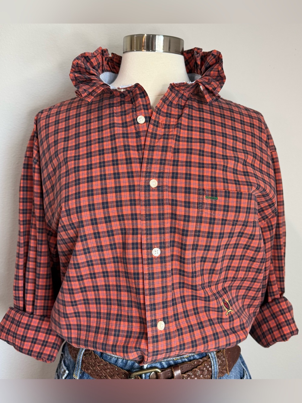 Tommy Hilfiger Orange Black Plaid Vintage Ruffle Collar Shirt Size XL